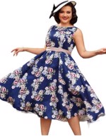 50ér kjole; Audrey Rose, navy - sød swingkjole med rosenflor