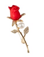 Broche - guld rose med rød blomst med glitrende sten og perle