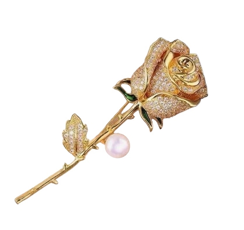 Broche - guld rose med glitrende sten og perle